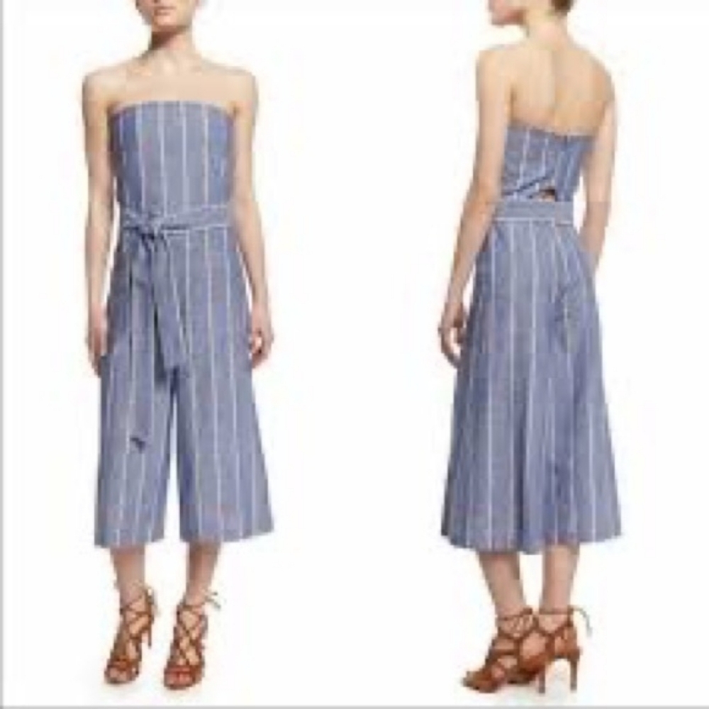 ALICE + OLIVIA Lucie Linen Cotton Blend Striped Strapless Romper Jumpsuit